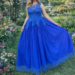 Royal Blue Lace & Tulle Floor-Length Ball Gown with Built-In Petticoat